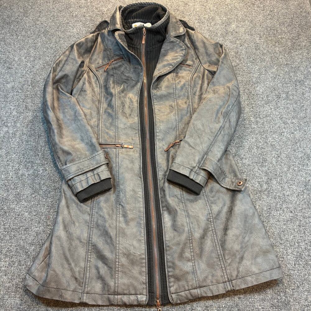 Montana Co Gray Faux Leather Hooded Double Layer Zip Trench Coat Jacket Small